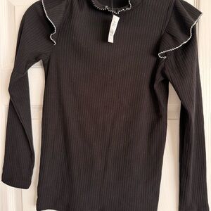 LOFT Black Long Sleeve Top with Ruffle Trim